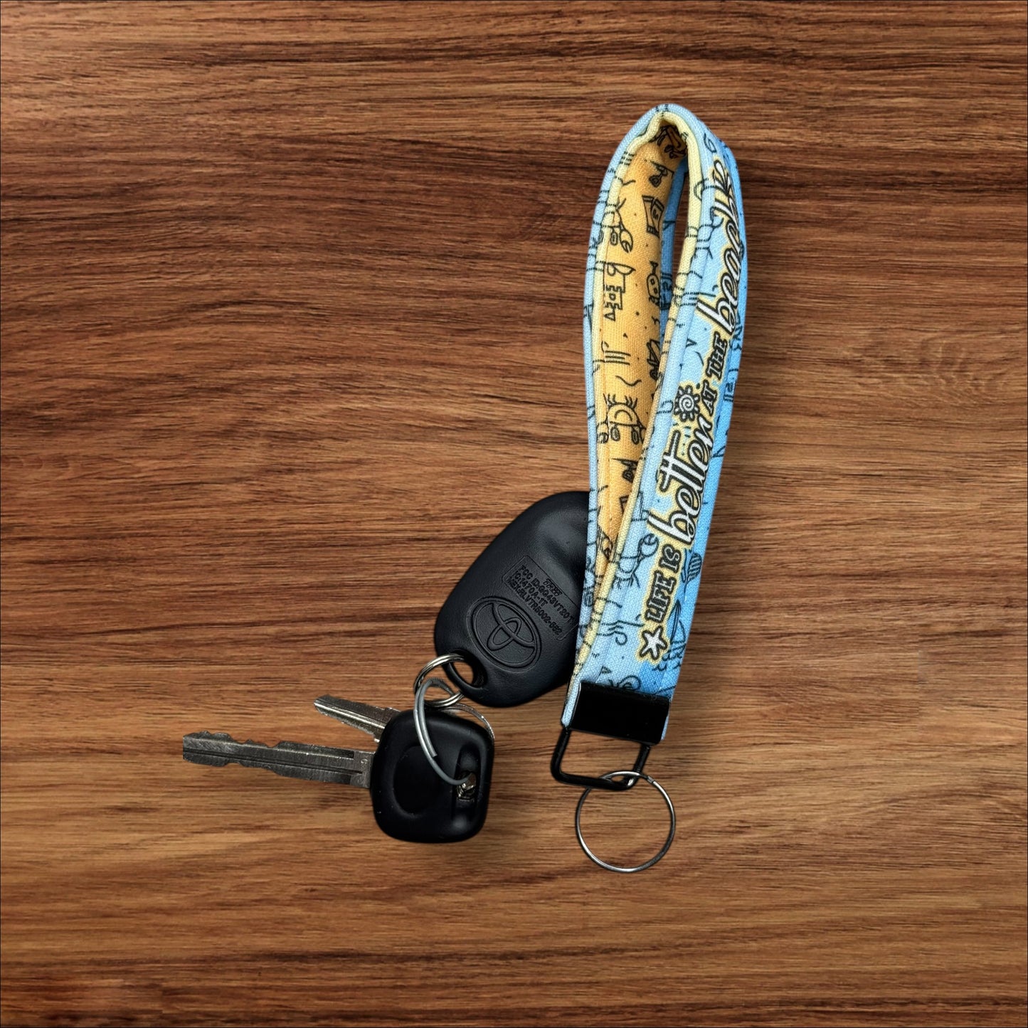 Handmade Beach Wristlet Keychain – Soft Cotton Key Fob with Coastal Images & “Life is Better at the Beach” – Nautical Gift for Her
