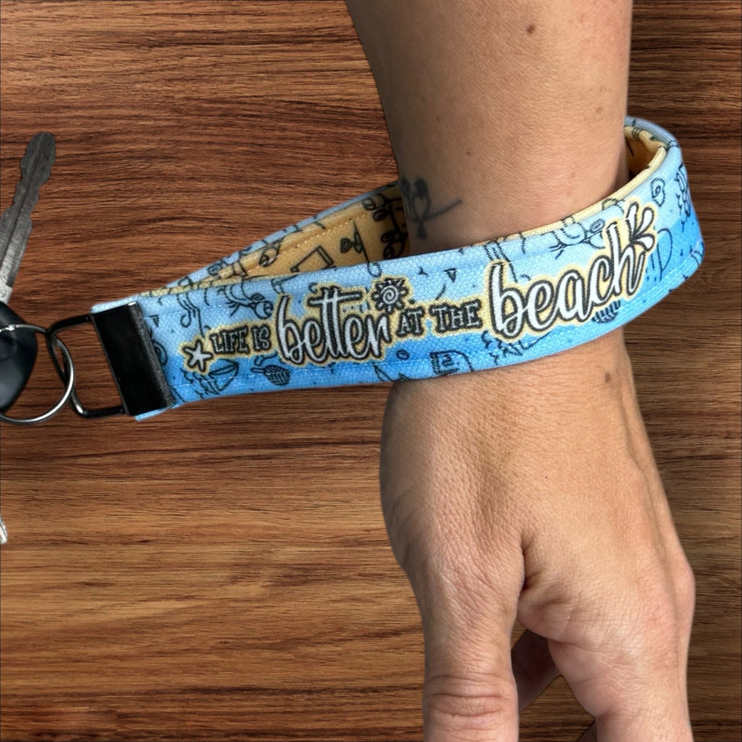 Handmade Beach Wristlet Keychain – Soft Cotton Key Fob with Coastal Images & “Life is Better at the Beach” – Nautical Gift for Her