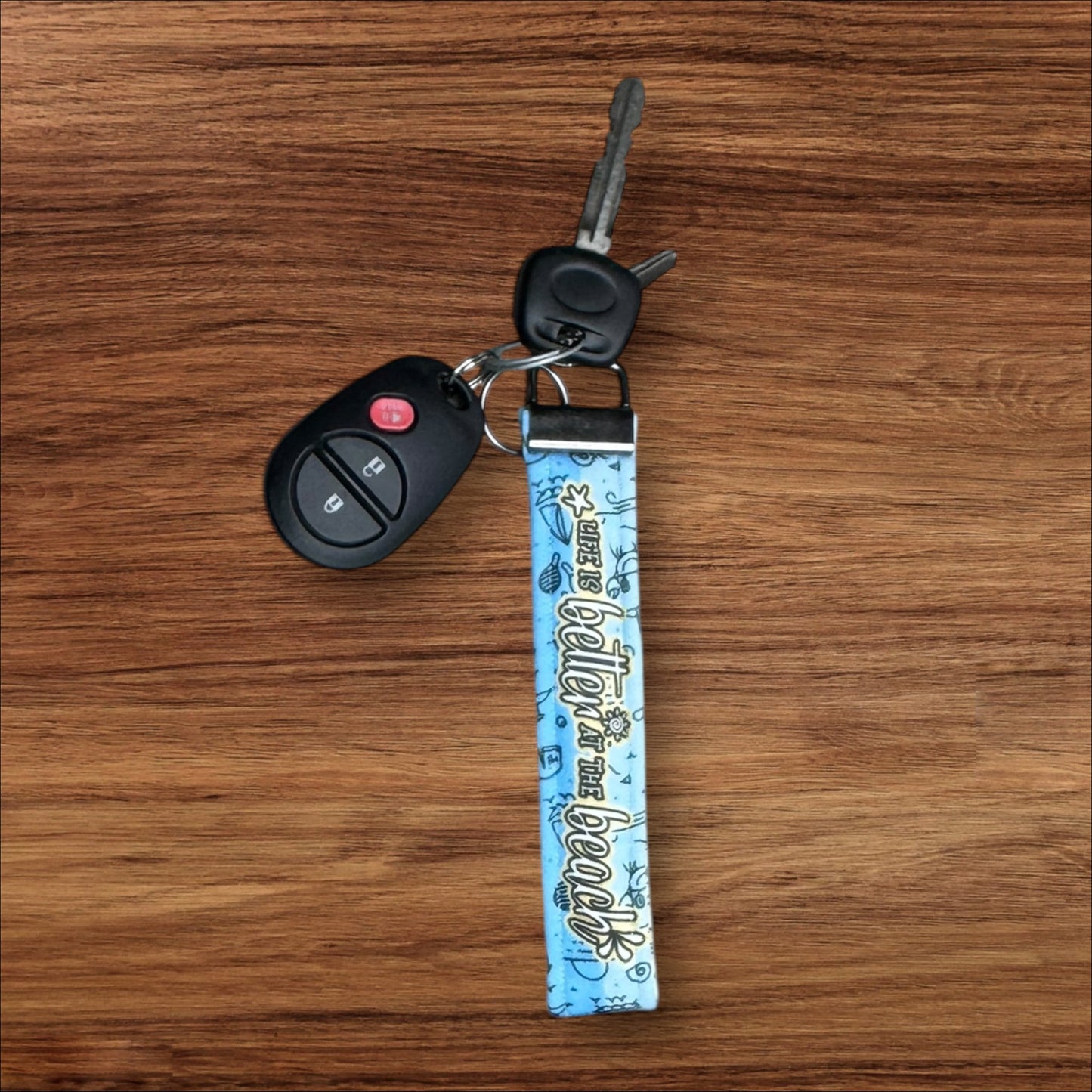 Handmade Beach Wristlet Keychain – Soft Cotton Key Fob with Coastal Images & “Life is Better at the Beach” – Nautical Gift for Her