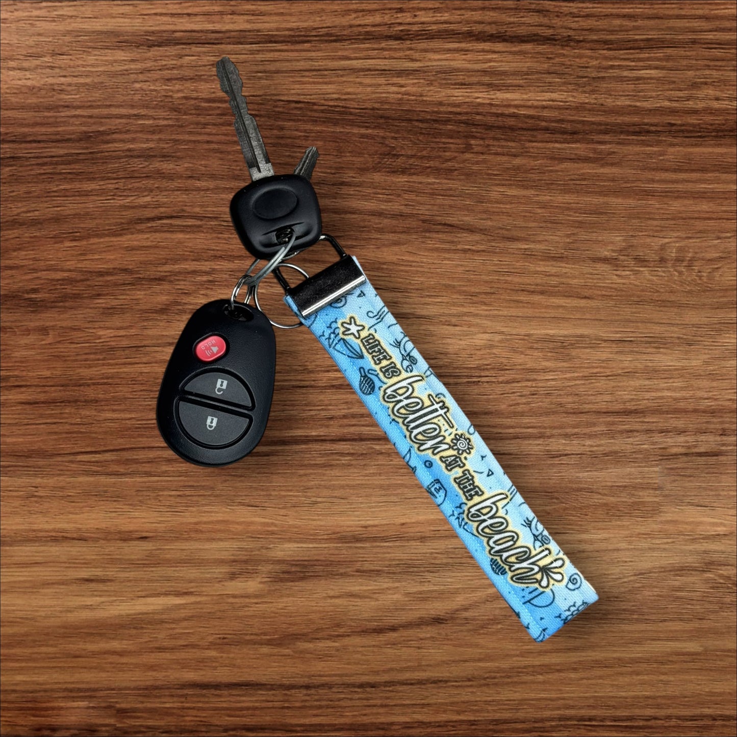 Handmade Beach Wristlet Keychain – Soft Cotton Key Fob with Coastal Images & “Life is Better at the Beach” – Nautical Gift for Her