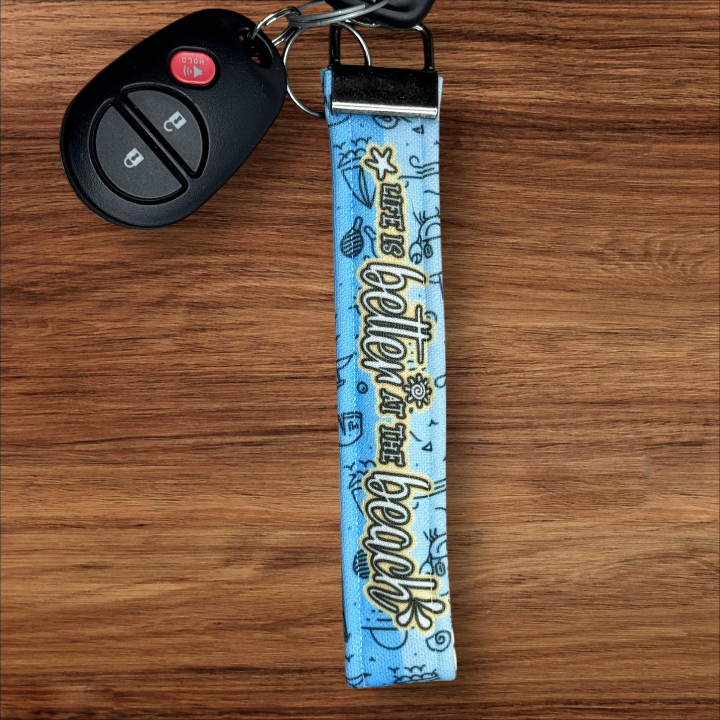 Handmade Beach Wristlet Keychain – Soft Cotton Key Fob with Coastal Images & “Life is Better at the Beach” – Nautical Gift for Her