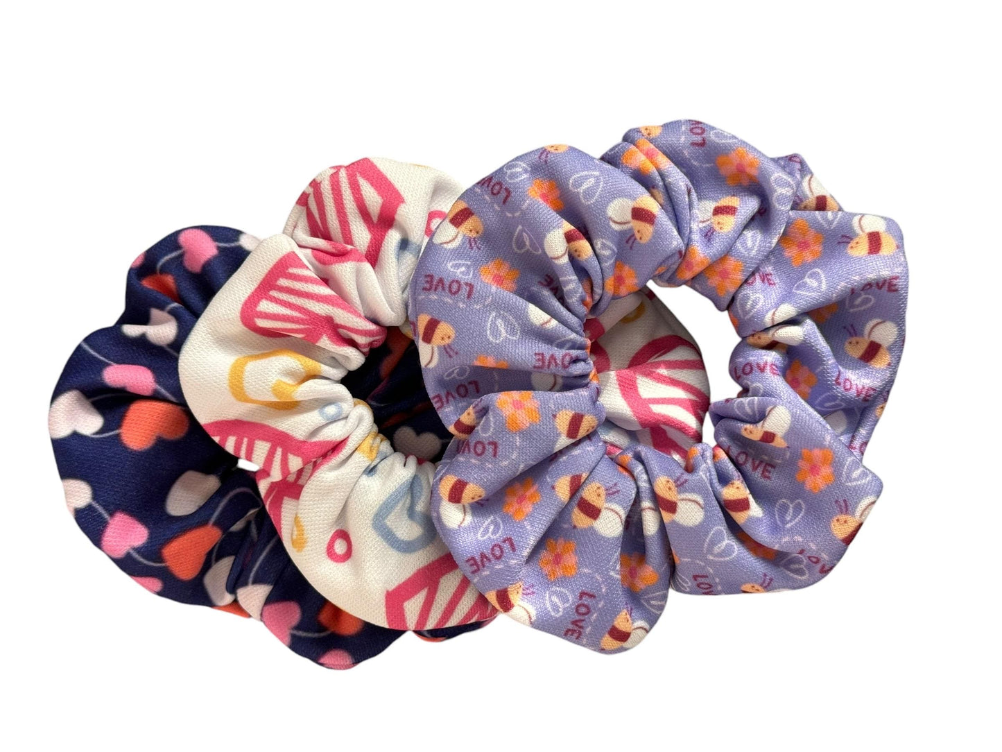 Bumble Bee and Hearts Valentine’s Day scrunchies (set of 3); Valentine’s Day gift for girls; Cute scrunchies for girls