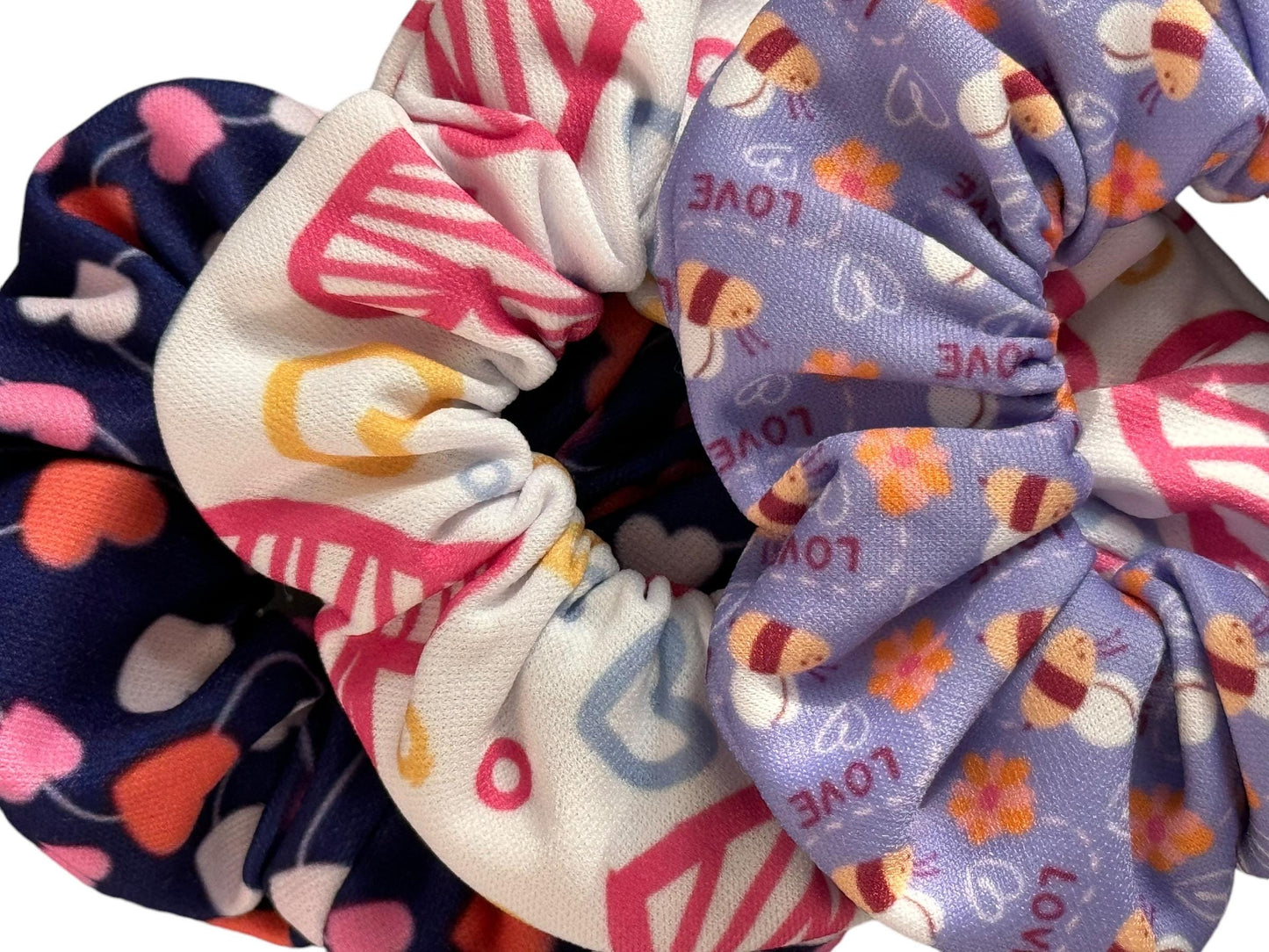 Bumble Bee and Hearts Valentine’s Day scrunchies (set of 3); Valentine’s Day gift for girls; Cute scrunchies for girls